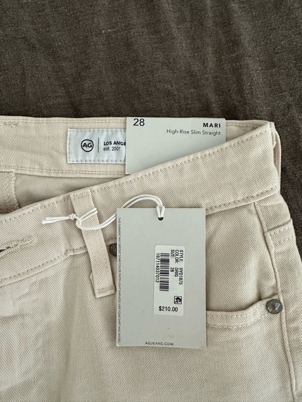 AG Jeans Mari High-Rise Slim Straight Jeans in Light Beige (fit is more skinny)